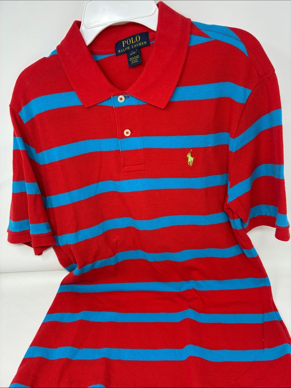 Ralph Lauren Red and Blue Striped Polo Shirt - Green Polo Pony